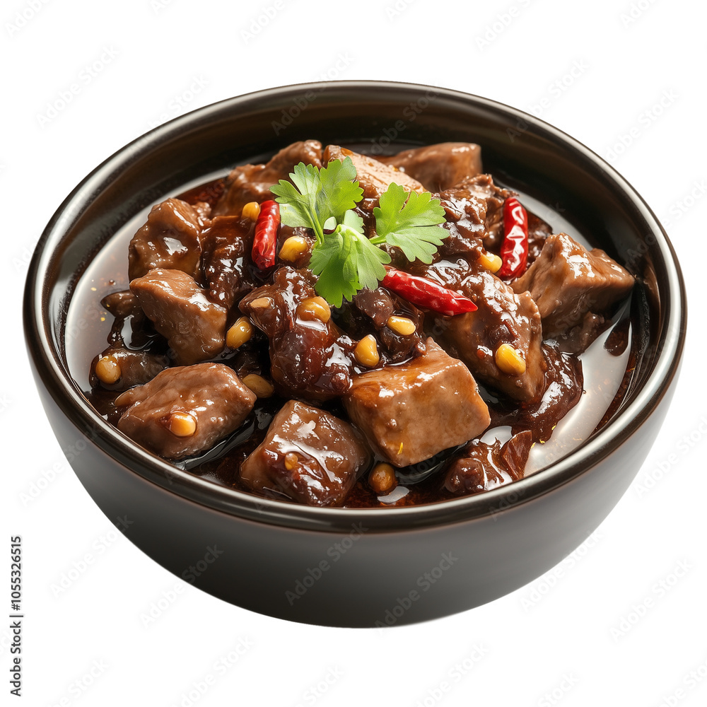 A bowl of braised meat with a dark brown sauce contains beef and chicken pieces isolated on transparent background A bowl of braised meat with a dark brown sauce contains beef and chicken pieces isolated on transparent background