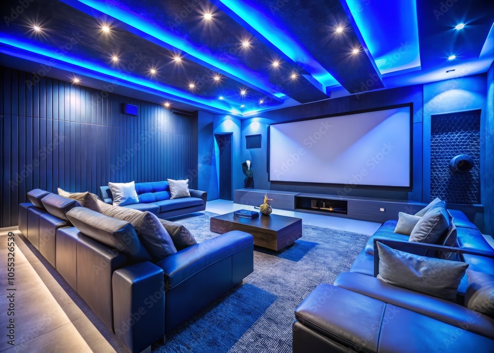 Fototapeta premium Experience ultimate movie nights in a home theater featuring blue lighting, a projector screen, a plush couch, a gaming chair, and powerful speakers.