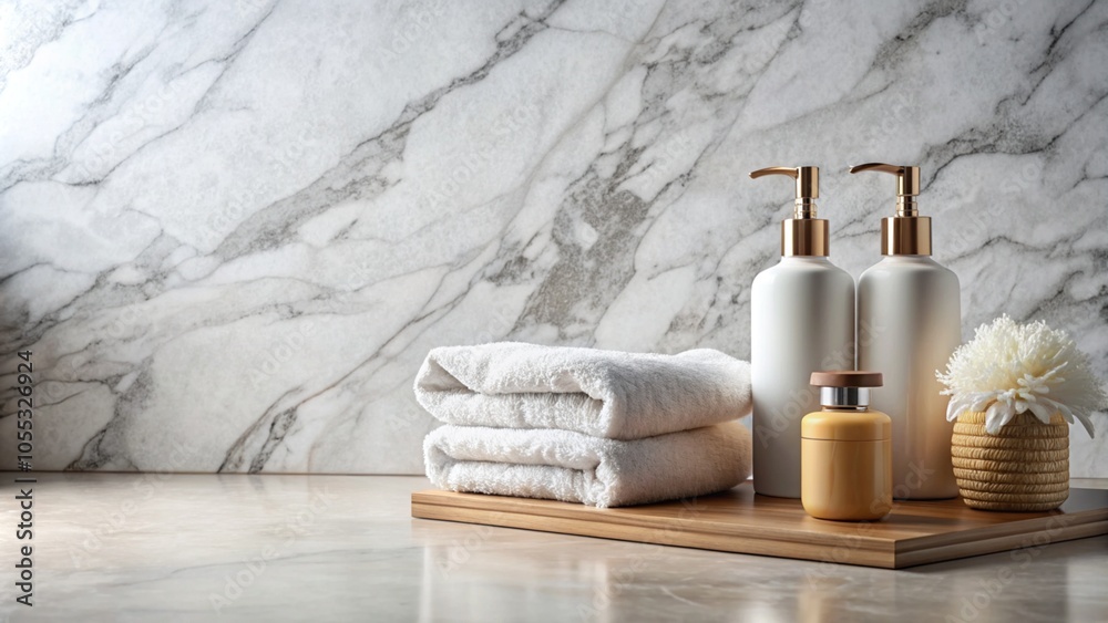 Towels, shampoo, and soap against a marble wall. Spa and wellness setting. Towels, shampoo, and soap against a marble wall. Spa and wellness setting.