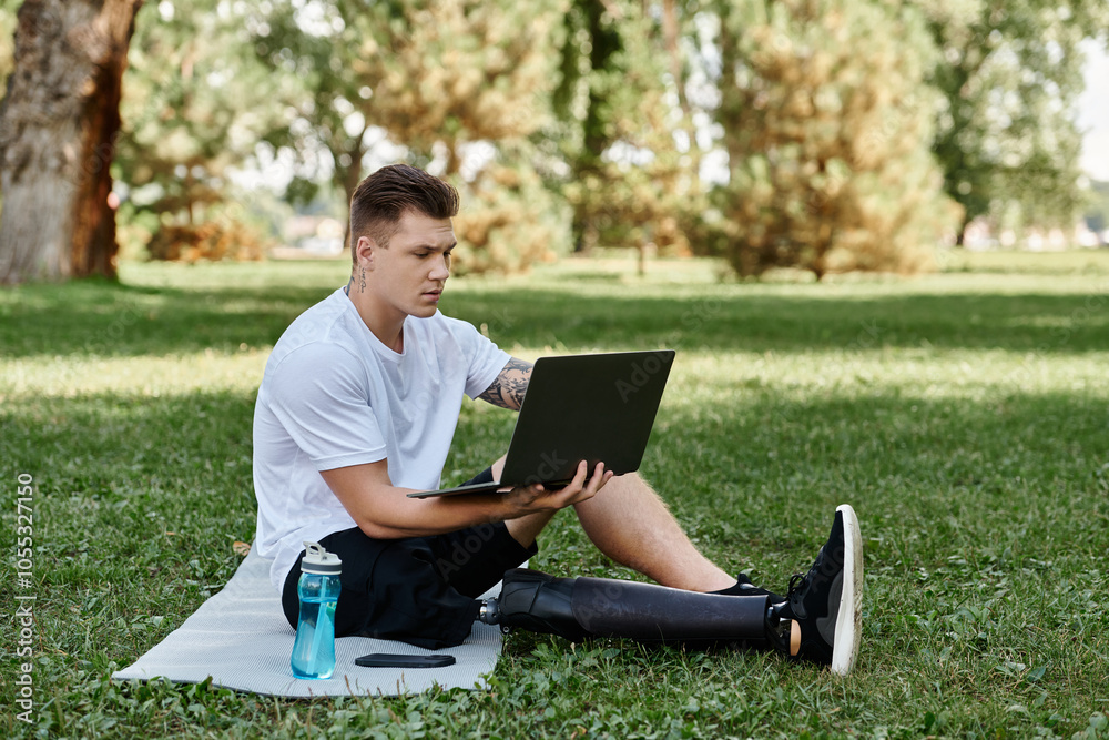 Tattooed young man with artificial leg using laptop in park, digital nomad Tattooed young man with artificial leg using laptop in park, digital nomad
