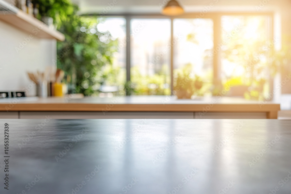 Obraz premium A bright kitchen with abundant natural light spacious countertops and greenery creating a fresh and inviting atmosphere 