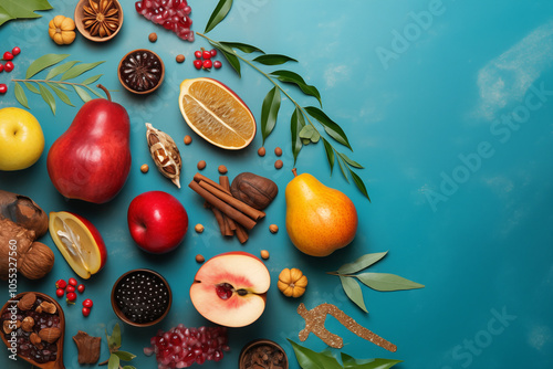 Colorful Autumn Fruits and Spices on Blue Background