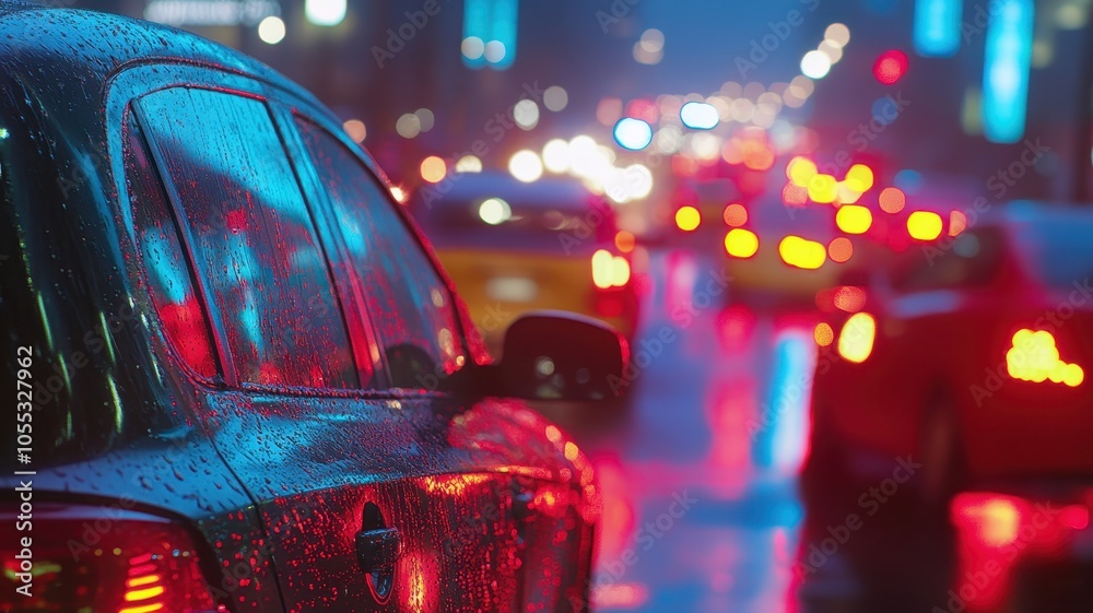 Car windshield with rain drops and frameless wiper blade,Traffic Jam with raining in evening day in the city,Drops of water on the car after rainy,outside car,Raindrops falling on a glass droplets. Car windshield with rain drops and frameless wiper blade,Traffic Jam with raining in evening day in the city,Drops of water on the car after rainy,outside car,Raindrops falling on a glass droplets.