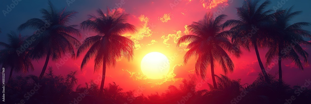 Obraz premium Tropical Sunset Silhouette, palm trees outlined against a vivid orange and pink sky, serene atmosphere, vibrant colors, peaceful escape