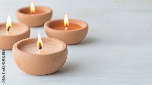 A serene arrangement of four clay candles with gentle flames, set against a light wooden background.