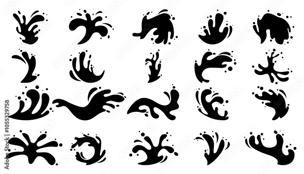 A series of black and white water splashes A series of black and white water splashes