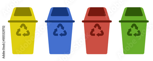 Four trash cans with the word recycle on them