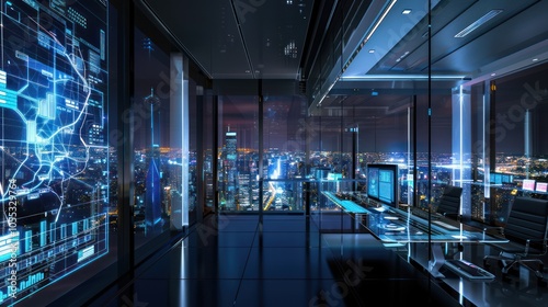 Modern Office with Cityscape View and Futuristic Interface