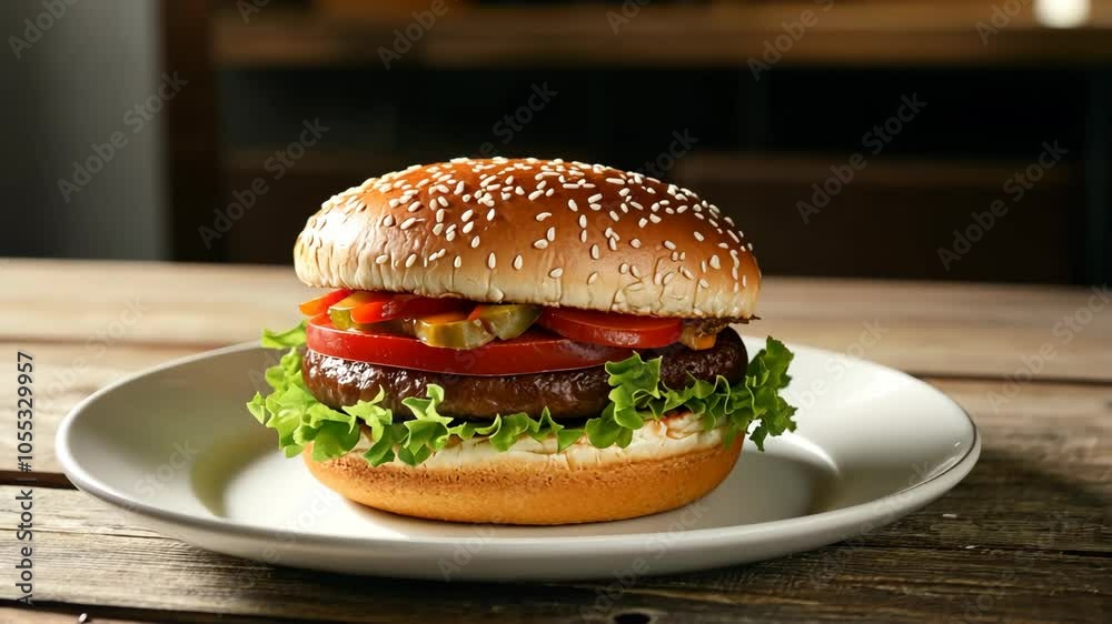 A juicy burger with lettuce, tomato, and pickles sits on a white plate A juicy burger with lettuce, tomato, and pickles sits on a white plate