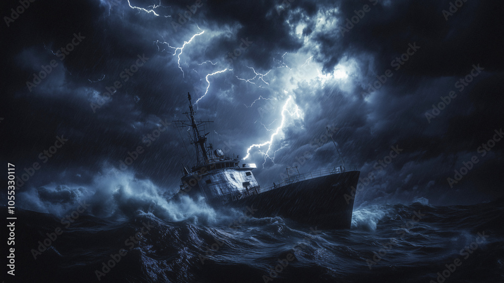 Fototapeta premium A ship caught in a night storm