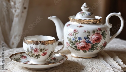 teapot and cup with flower pattern