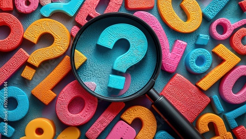 Obraz na płótnie Colorful question mark with a magnifying glass on a white background. Top view of colorful plastic numbers and letters, isolated on a pastel background. w salonie