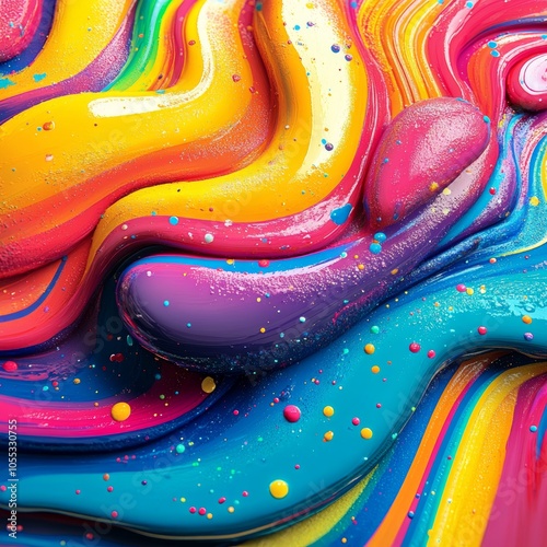 Abstract, Colorful, Textured, Background. Rainbow Swirls of Acrylic Paint Mix Freely.