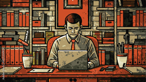 A focused writer typing on a laptop in a minimalist at professional office vector