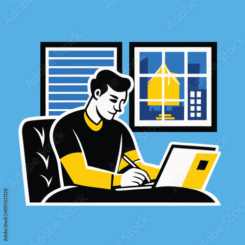 A reporter typing news on a laptop in a minimalist, at his living room vector