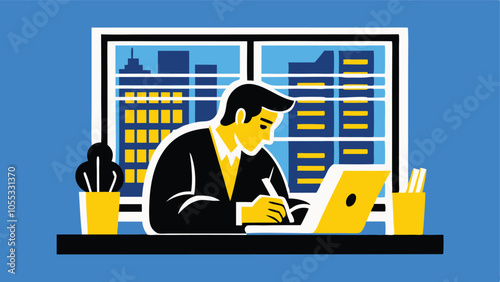 A reporter typing news on a laptop in a minimalist, at living room vector