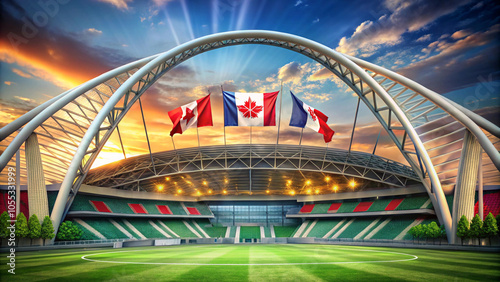 Digital art illustration of World Cup Football 2026, featuring iconic stadium arches set against a majestic fusion of the Canadian, Mexican, American flag.