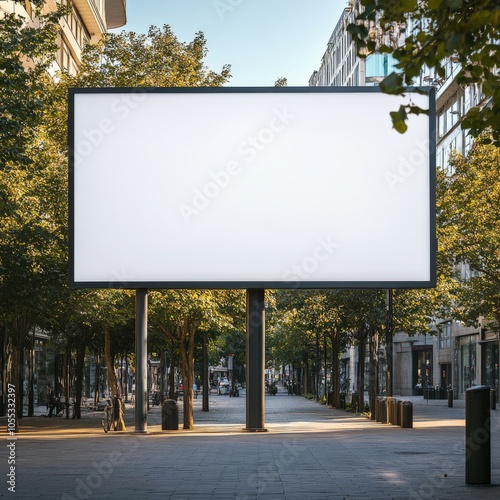 Blank billboard situated on a street surrounded by trees. photo