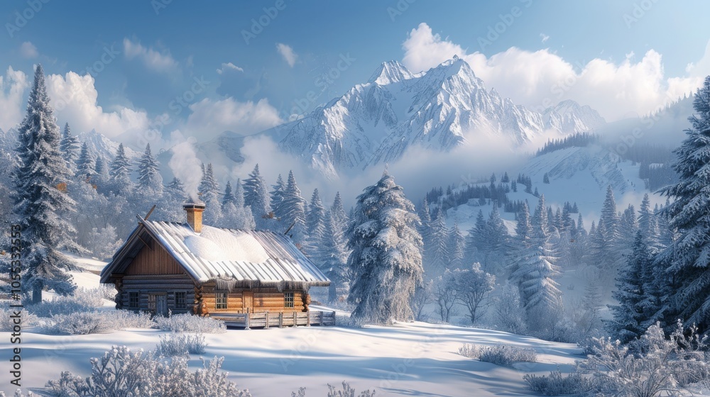 Cozy Cabin in Snowy Mountain Landscape Cozy Cabin in Snowy Mountain Landscape