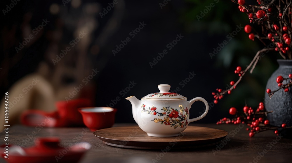 Fototapeta premium Elegant teapot with red floral design, surrounded by tea cups and branches.