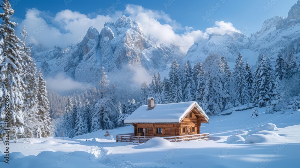 Fototapeta premium Snowy Mountain Cabin in Winter Wonderland