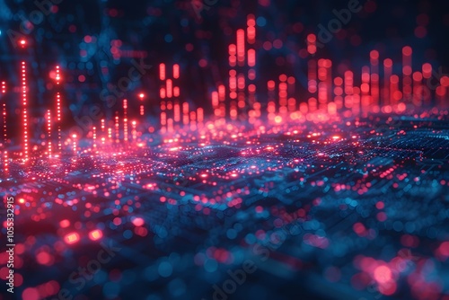 Futuristic Digital Landscape with Neon Red and Blue Data Visualization