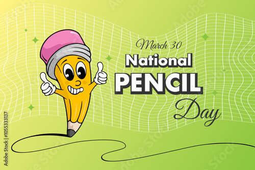 national pencil day, march 30, banner with groovy character pencil, happy pencil day banner design