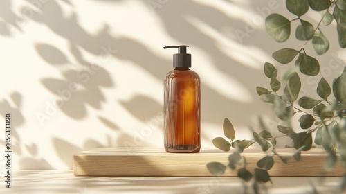 An amber glass bottle sits elegantly on light wood surrounded by eucalyptus leaves and soft light