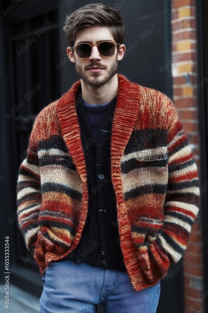 Stylish Young Man in Striped Cardigan with Sunglasses Posing Outdoors Stylish Young Man in Striped Cardigan with Sunglasses Posing Outdoors