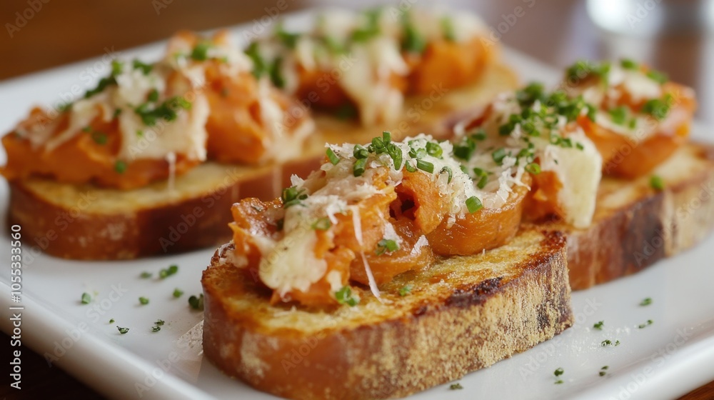 Gourmet Sweet Potato Toasts with Creamy Toppings and Fresh Herbs. Sweet Potato Crostini Gourmet Sweet Potato Toasts with Creamy Toppings and Fresh Herbs. Sweet Potato Crostini