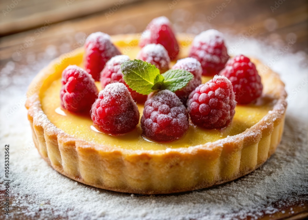 Indulge in a stunning lemon tart adorned with vibrant raspberries, beautifully glazed under soft lighting, dusted with powdered sugar for a captivating gourmet dessert display. Indulge in a stunning lemon tart adorned with vibrant raspberries, beautifully glazed under soft lighting, dusted with powdered sugar for a captivating gourmet dessert display.