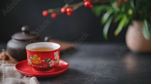 Tea cup on a saucer with herbs, elegant setup, warm ambiance, dark background.