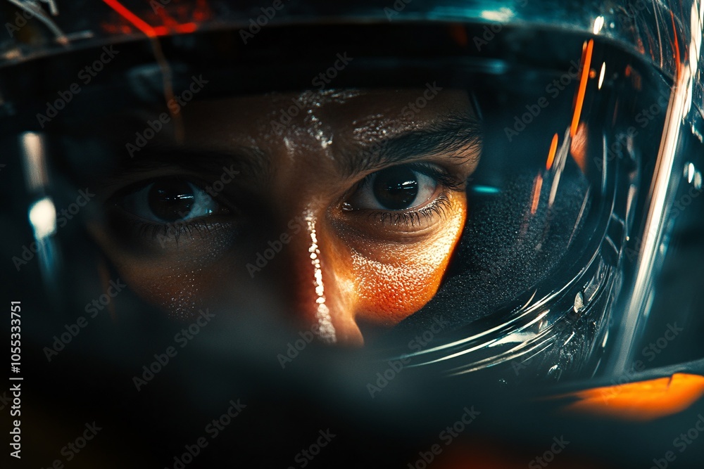 A focused race car driver prepares for the upcoming competition during an intense moment in the pits at a night race A focused race car driver prepares for the upcoming competition during an intense moment in the pits at a night race