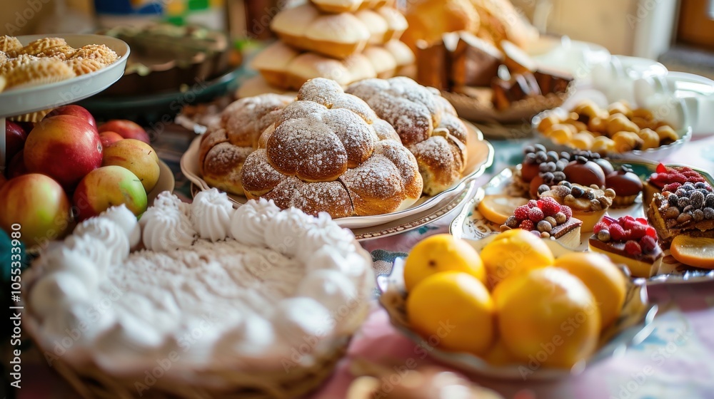 Assorted traditional desserts, pastries, and bread on dining table with candle Feast of St. Josaphat Assorted traditional desserts, pastries, and bread on dining table with candle Feast of St. Josaphat