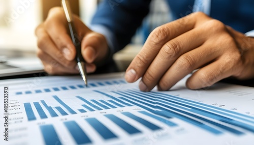 Close-up of a Person's Hands Analyzing a Financial Report with Blue Bar Charts