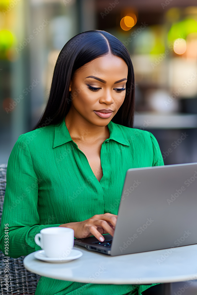 Confident African woman in a vibrant green blouse works on her laptop at an outdoor cafe, deeply focused on her task. Confident African woman in a vibrant green blouse works on her laptop at an outdoor cafe, deeply focused on her task.