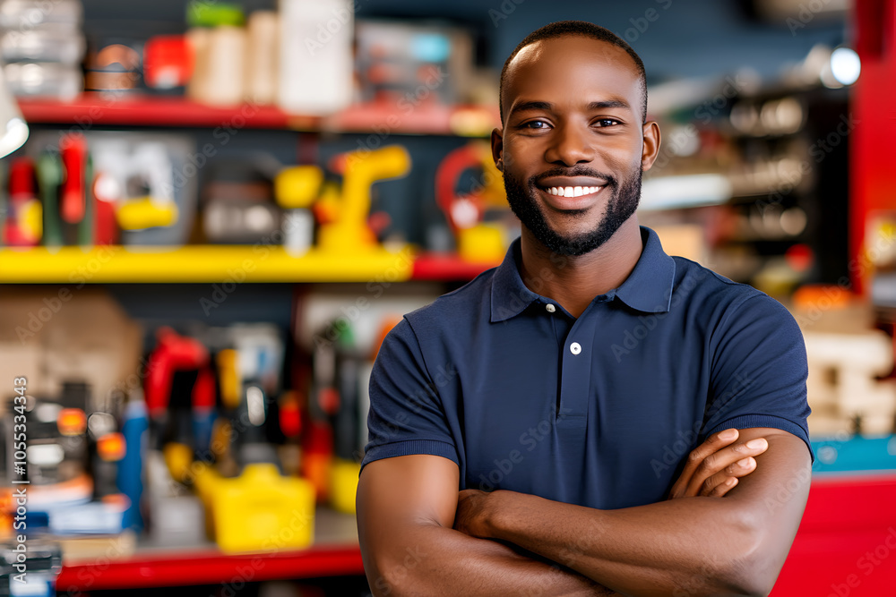 Fototapeta premium Knowledgeable hardware store employee in a blue polo shirt explains product options to a customer, surrounded by tools and supplies.