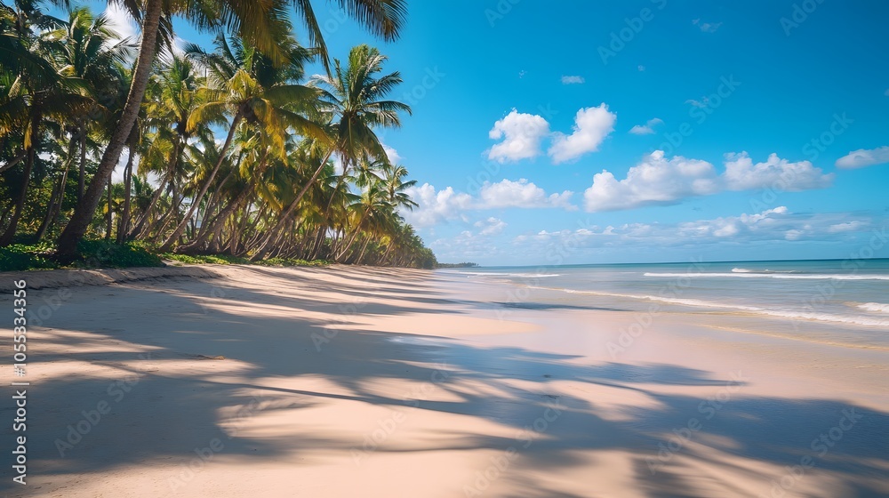 Fototapeta premium A beautiful beach with soft sand and palm trees casting shadows on the shore