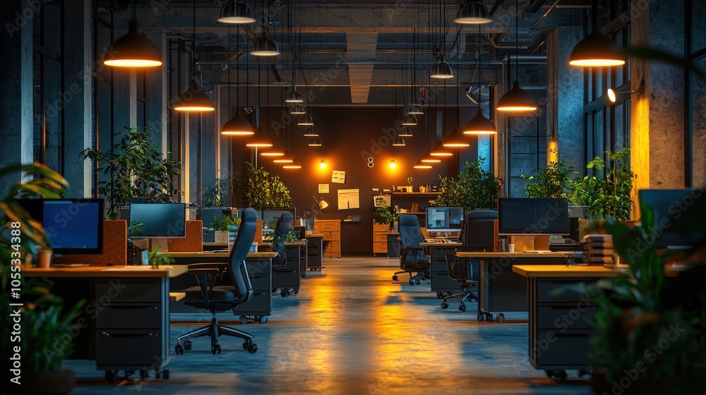 Modern office workspace with plants and warm lighting during evening hours Modern office workspace with plants and warm lighting during evening hours