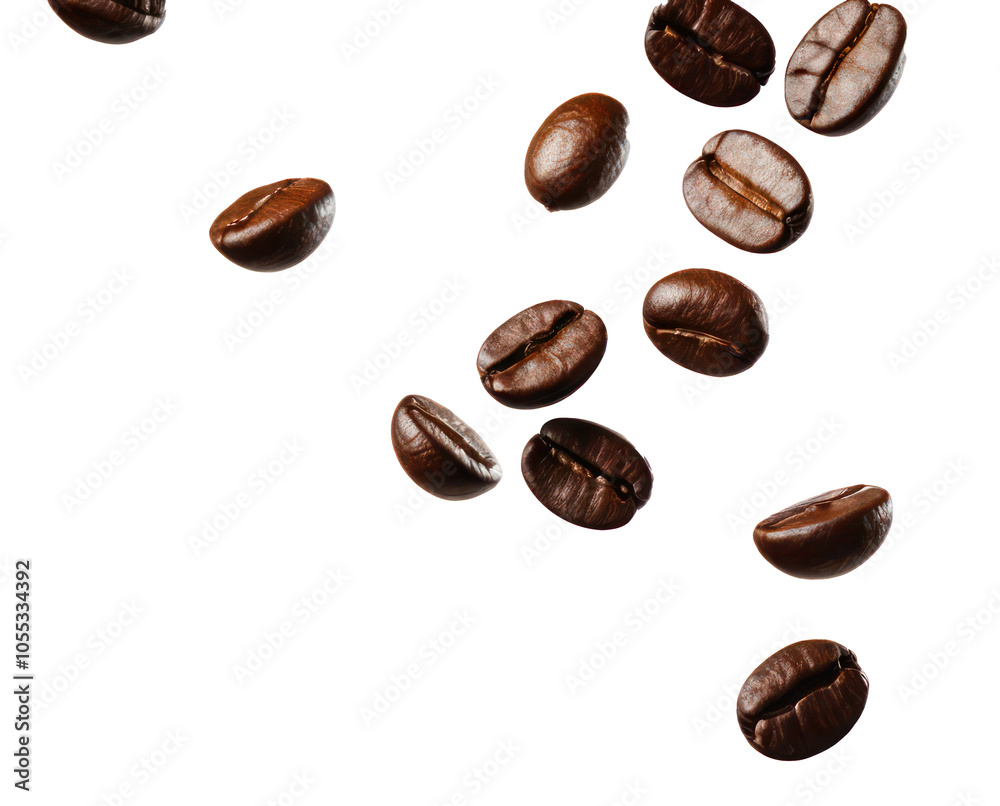 Flying coffee beans isolated on a transparent PNG background Flying coffee beans isolated on a transparent PNG background