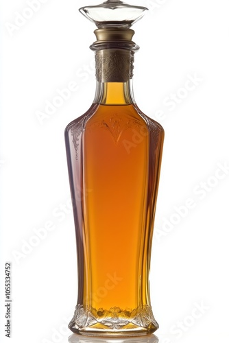 Glass Bottle of Aged Whiskey with Cork Stopper on White Background. National Harvey Wallbanger Day.