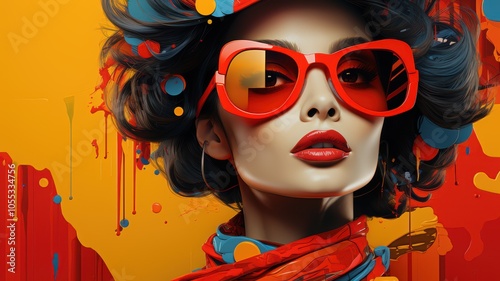 Woman with red glasses in pop art style