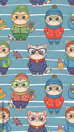 Seamless pattern with hipster cute cats for children