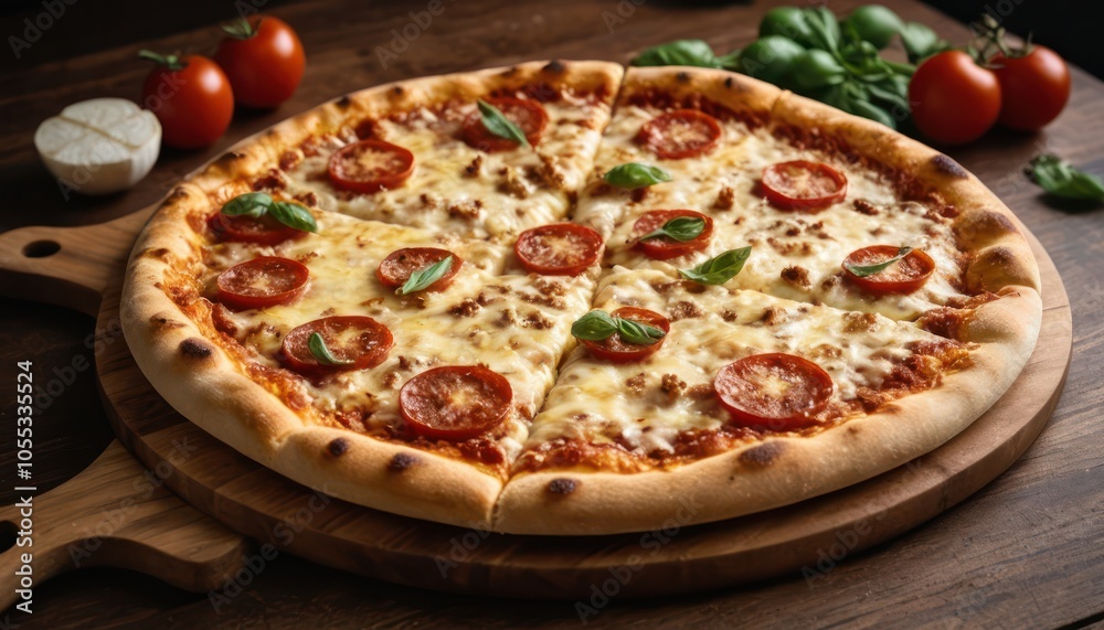 Pizza with cheese on top, cut into slices on a wooden board Pizza with cheese on top, cut into slices on a wooden board