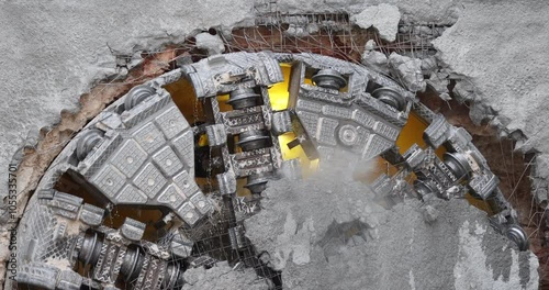 Tunnel boring machine(TBM) head on display at subway construction site ,underground infrastructure transportation