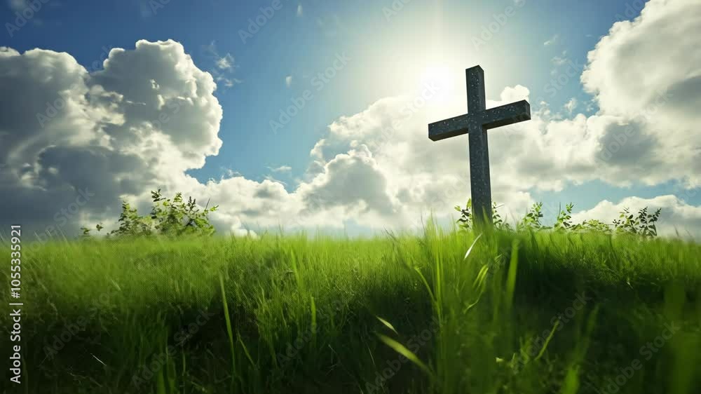 A wooden cross stands tall in a grassy field against a backdrop of bright blue sky and fluffy white clouds