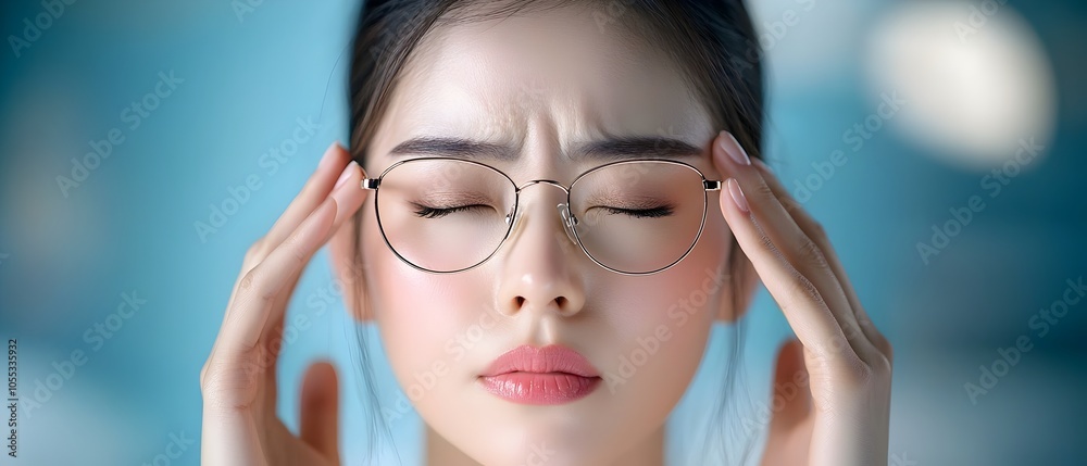 Closeup portrait of a frustrated woman pressing her temples with her eyes closed experiencing the pain and emotional stress of a tension headache or migraine  Concept of healthcare wellbeing