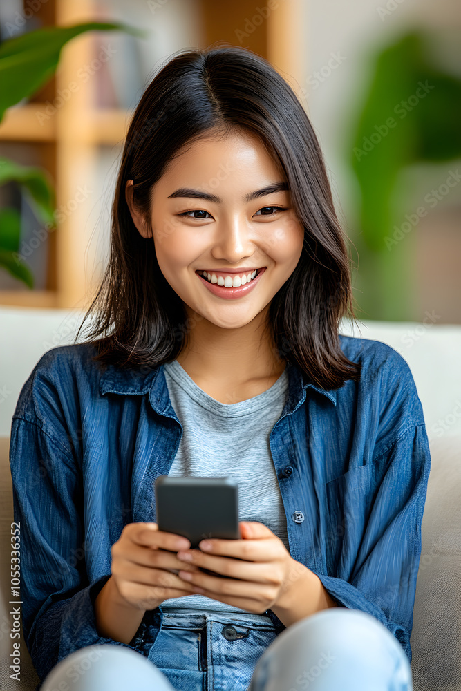 Happy Asian woman in blue blouse sitting comfortably on a couch, browsing her mobile phone in a well-lit apartment. Happy Asian woman in blue blouse sitting comfortably on a couch, browsing her mobile phone in a well-lit apartment.