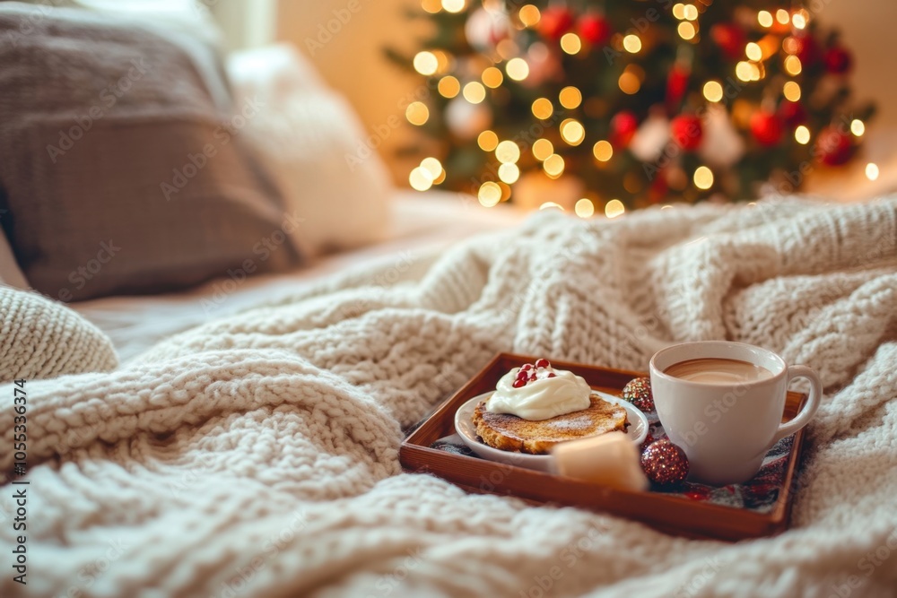 A cozy Christmas morning in bed, with a tray of breakfast, a cup of coffee, and a holiday movie playing in the background, capturing the peaceful and joyful start to the holiday A cozy Christmas morning in bed, with a tray of breakfast, a cup of coffee, and a holiday movie playing in the background, capturing the peaceful and joyful start to the holiday