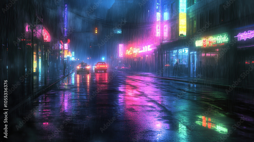 Atmospheric Urban Night Scene with Reflections on Wet Pavement Atmospheric Urban Night Scene with Reflections on Wet Pavement